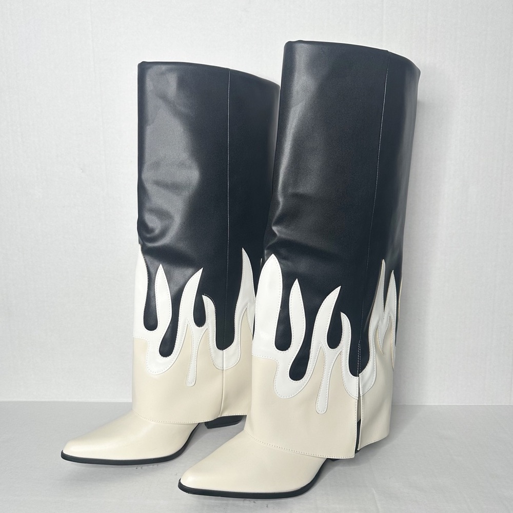 Flame / Drippy Cream and Black Knee High Boots